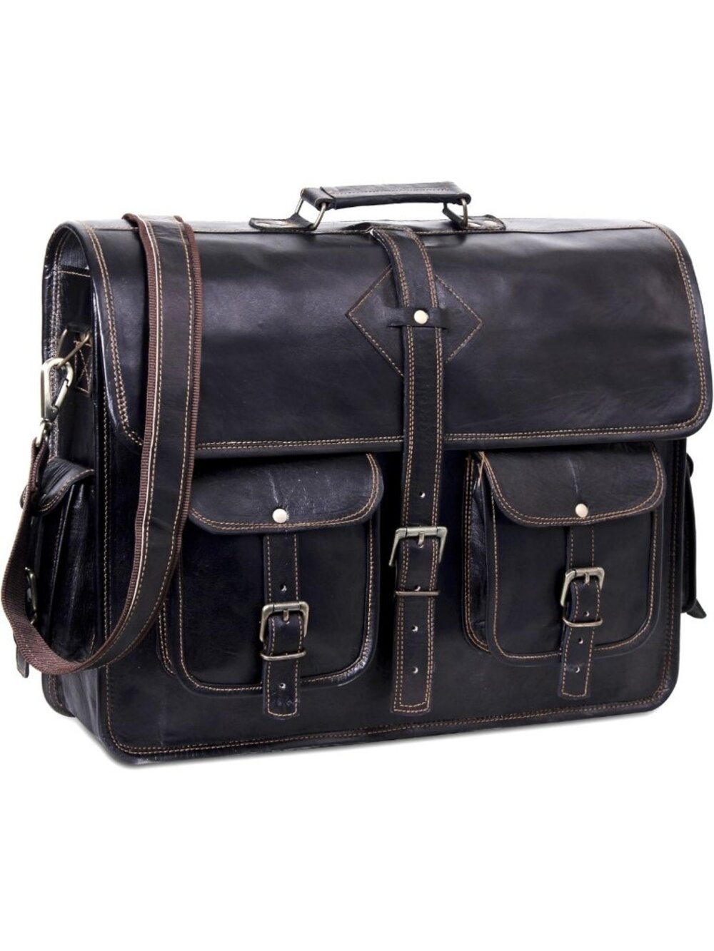 Handmade Vintage Black Leather Messenger Bag | 18" Laptop Satchel for Work